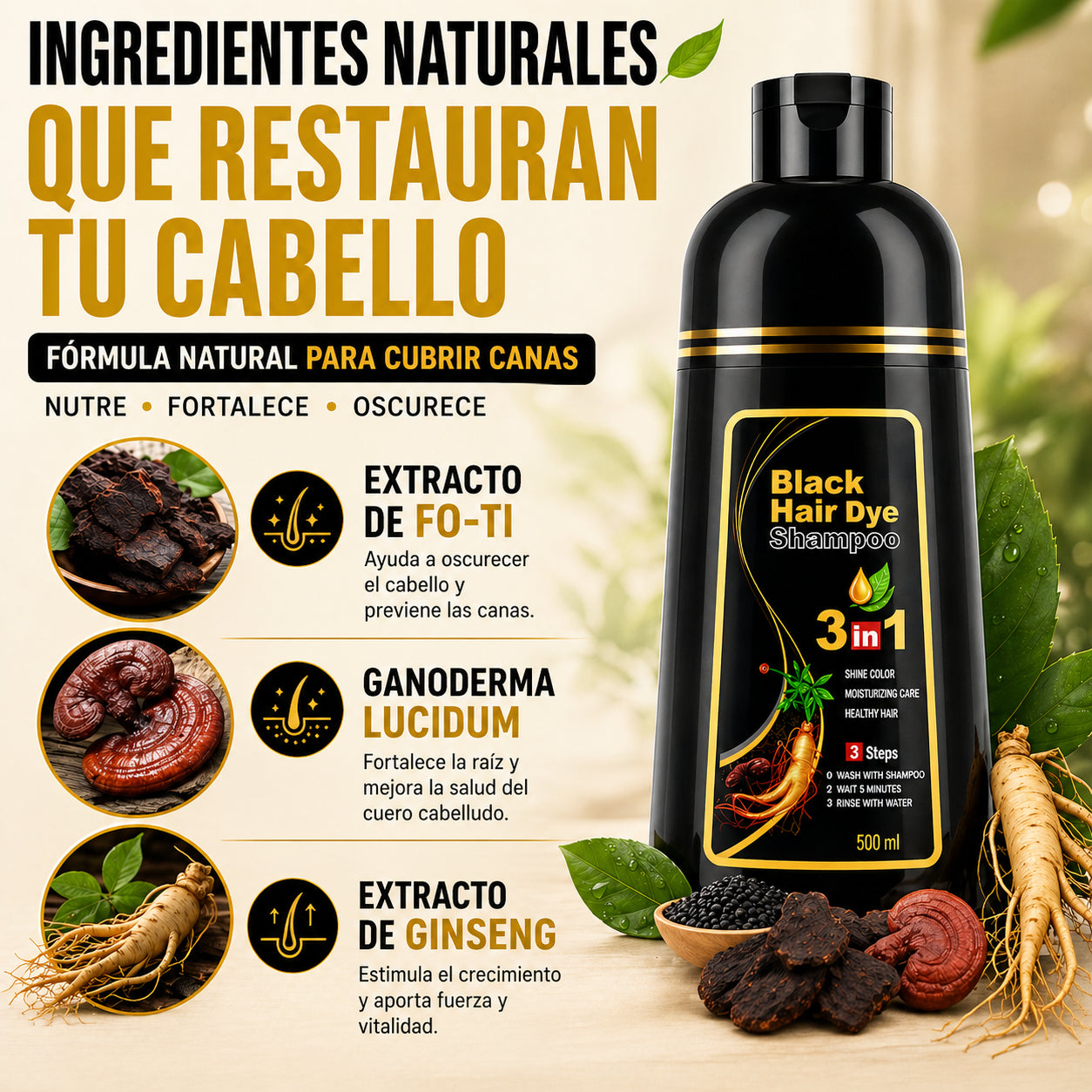 Shampoo 3 en 1 | Negro Natural Desde la 1ra Lavada